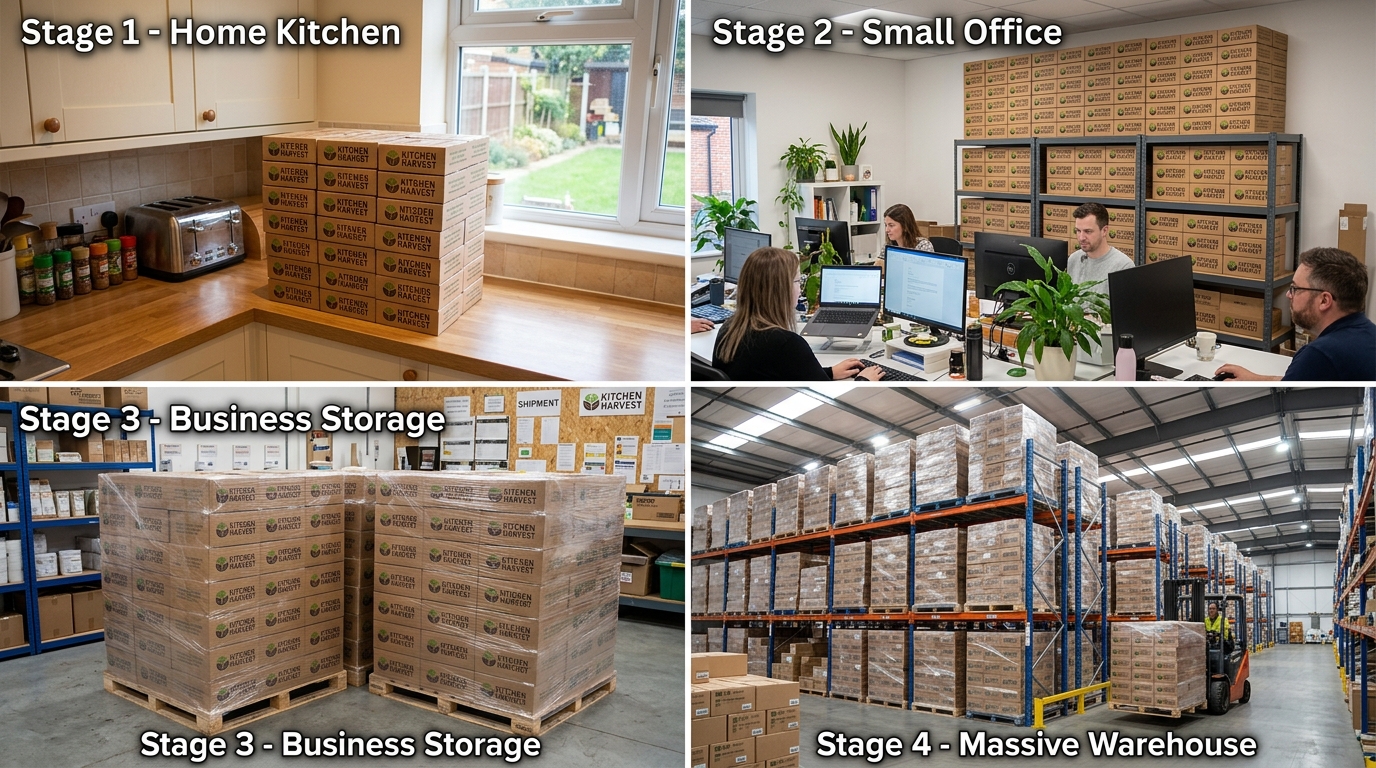 Business growth stages showing packaging scale from home kitchen startup to office storage and large warehouse inventory operations