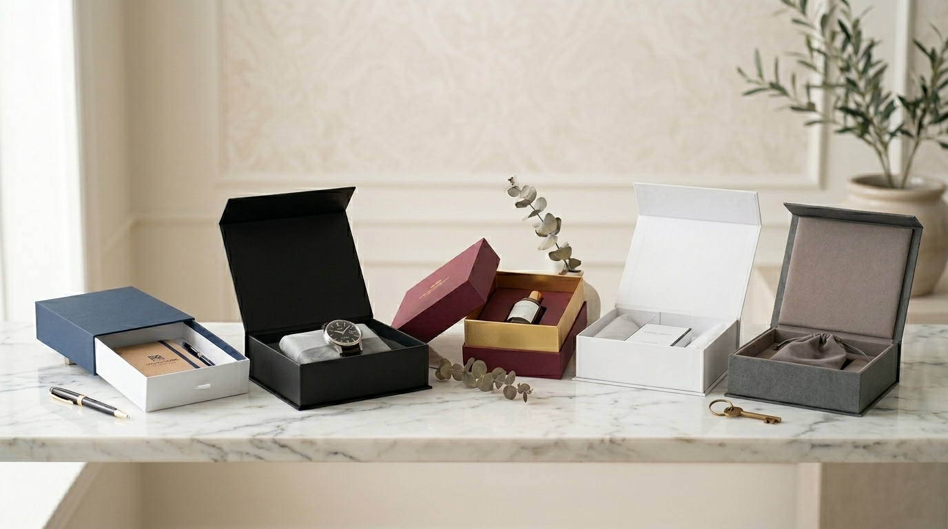 Various premium rigid box styles including drawer boxes, magnetic closure boxes, shoulder boxes, and luxury gift packaging